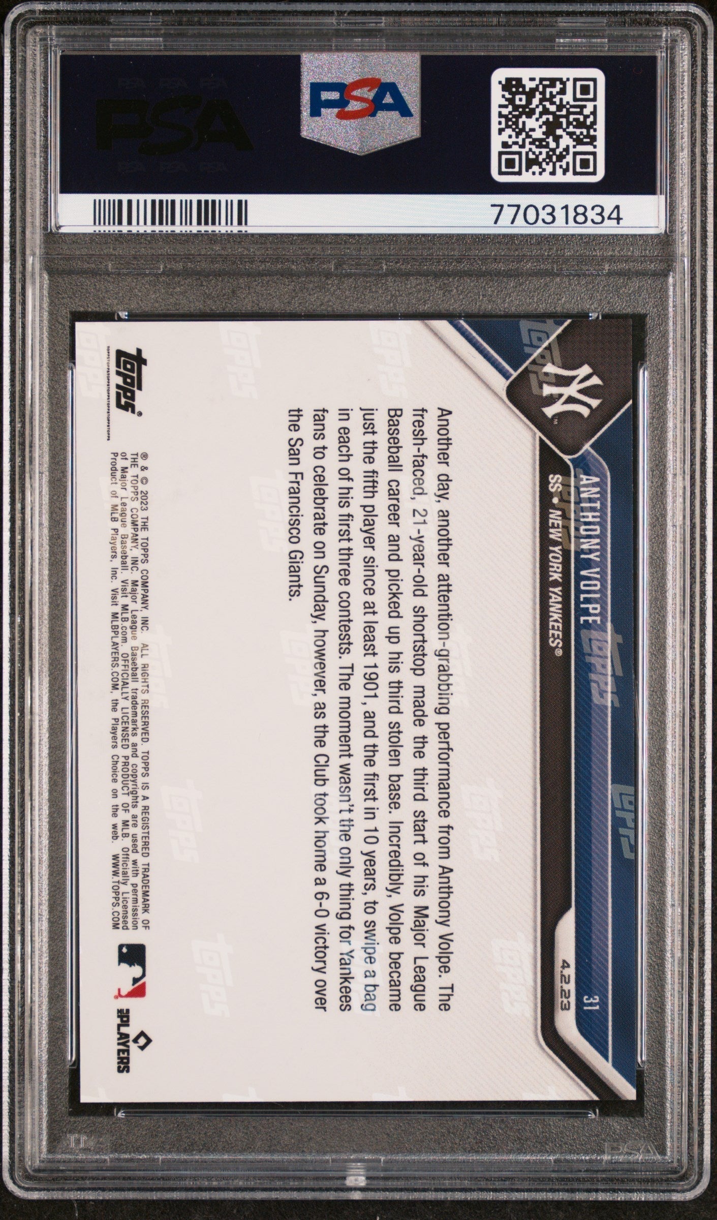 Graded 2023 Topps Now Anthony Volpe #31 Rookie RC Baseball Card PSA 9 Mint