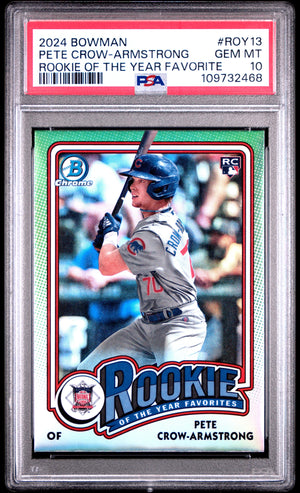 Graded 2024 Topps Bowman Pete Crow Armstrong #ROY13 Rookie of the Year Favorite Rookie RC Baseball Card PSA 10 Gem Mint
