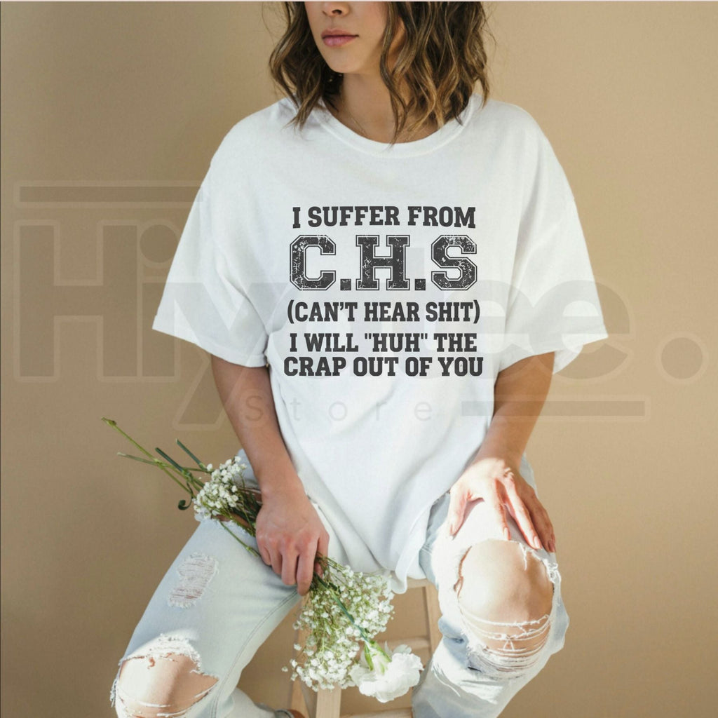 Funny Hearing Humor T-Shirt – Sarcastic "Huh?" Quote Distressed Graphic Tee