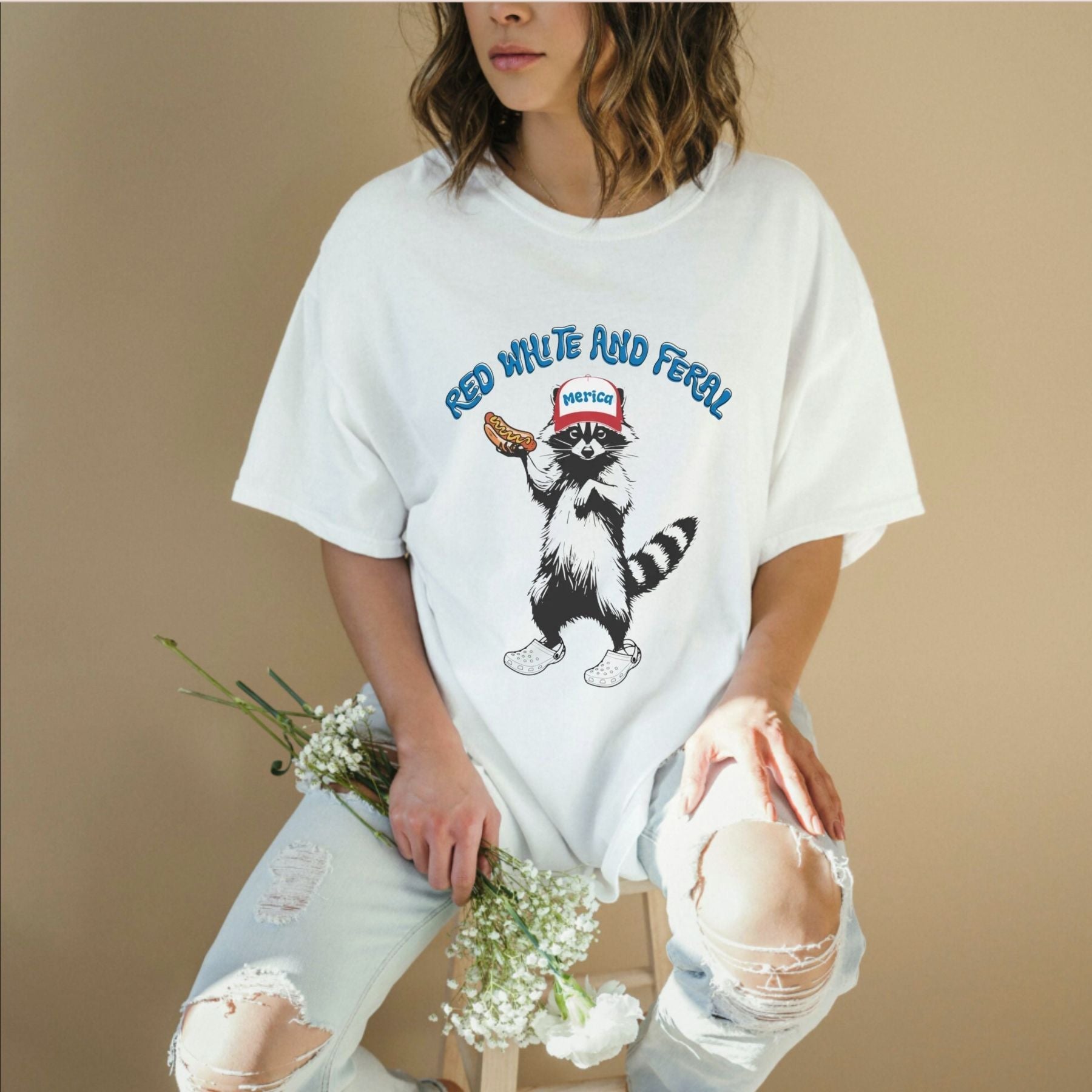 USA Feral Raccoon T-Shirt – Funny Patriotic Red White & Blue Graphic Tee, Unisex Cotton Shirt