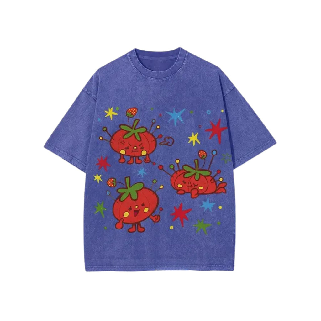 Cute Tomato Party Print T-Shirt – Retro Garden Vegetable Graphic Tee, Lightweight Vintage Washed Cotton Summer Top