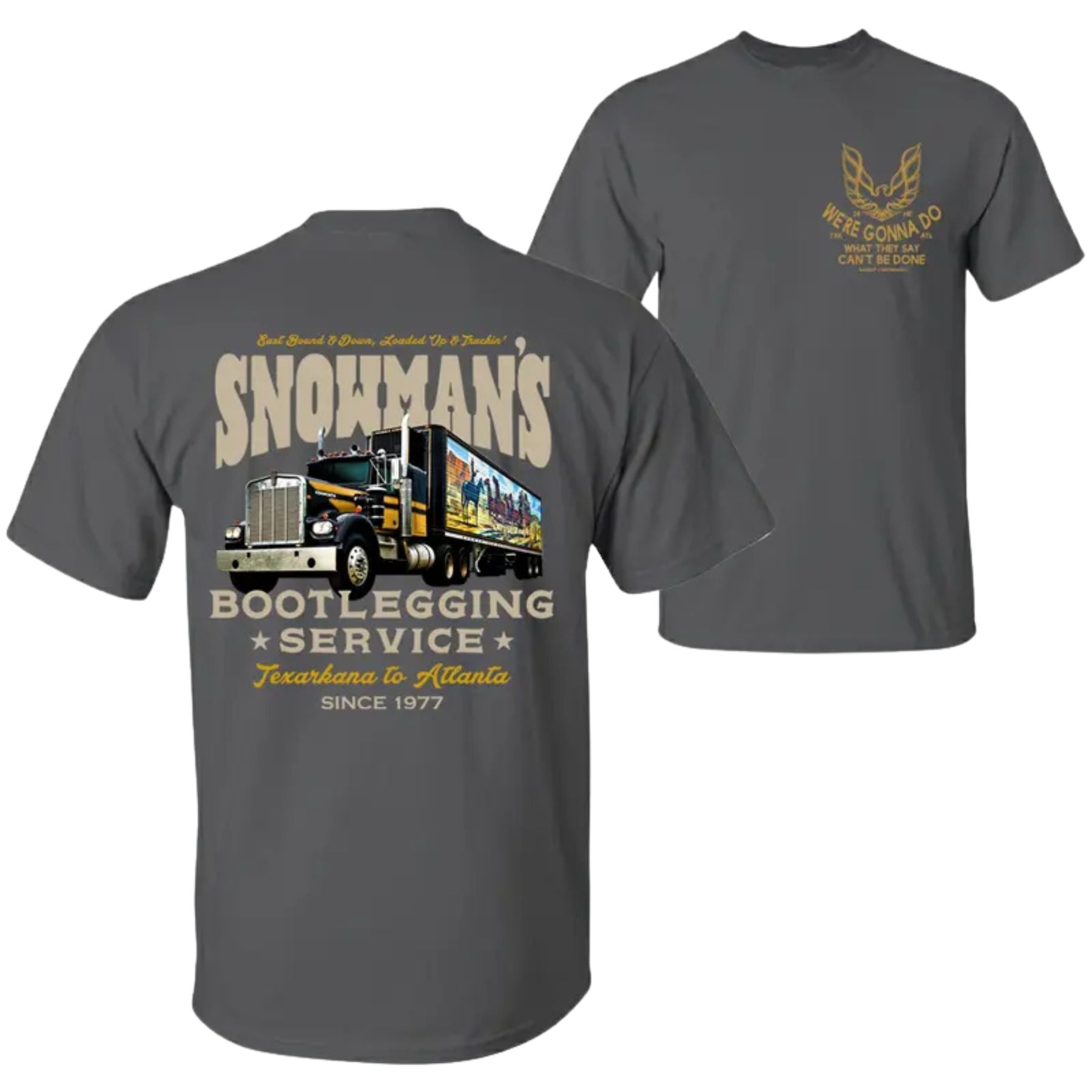 Snowman's Bootlegging Service T-Shirt – Smokey and the Bandit Truck Graphic Tee, Retro 70s Movie Icon Top, Made in USA