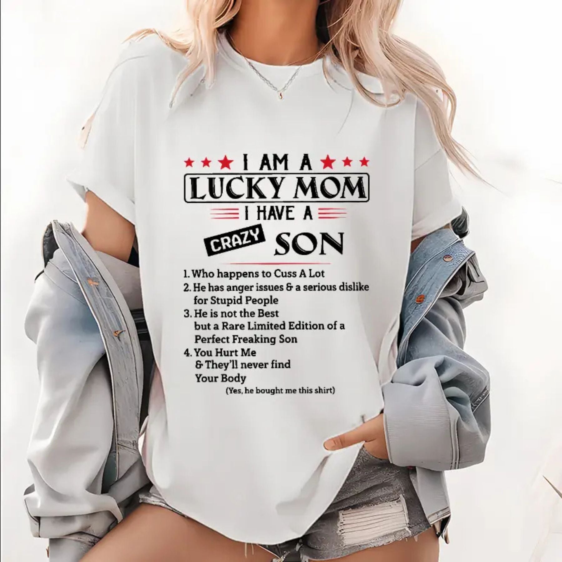 "Lucky Mom, Crazy Son" Funny Sarcastic T-Shirt – Trendy Boy Mom Graphic Top, Witty Parenting Aesthetic Streetwear