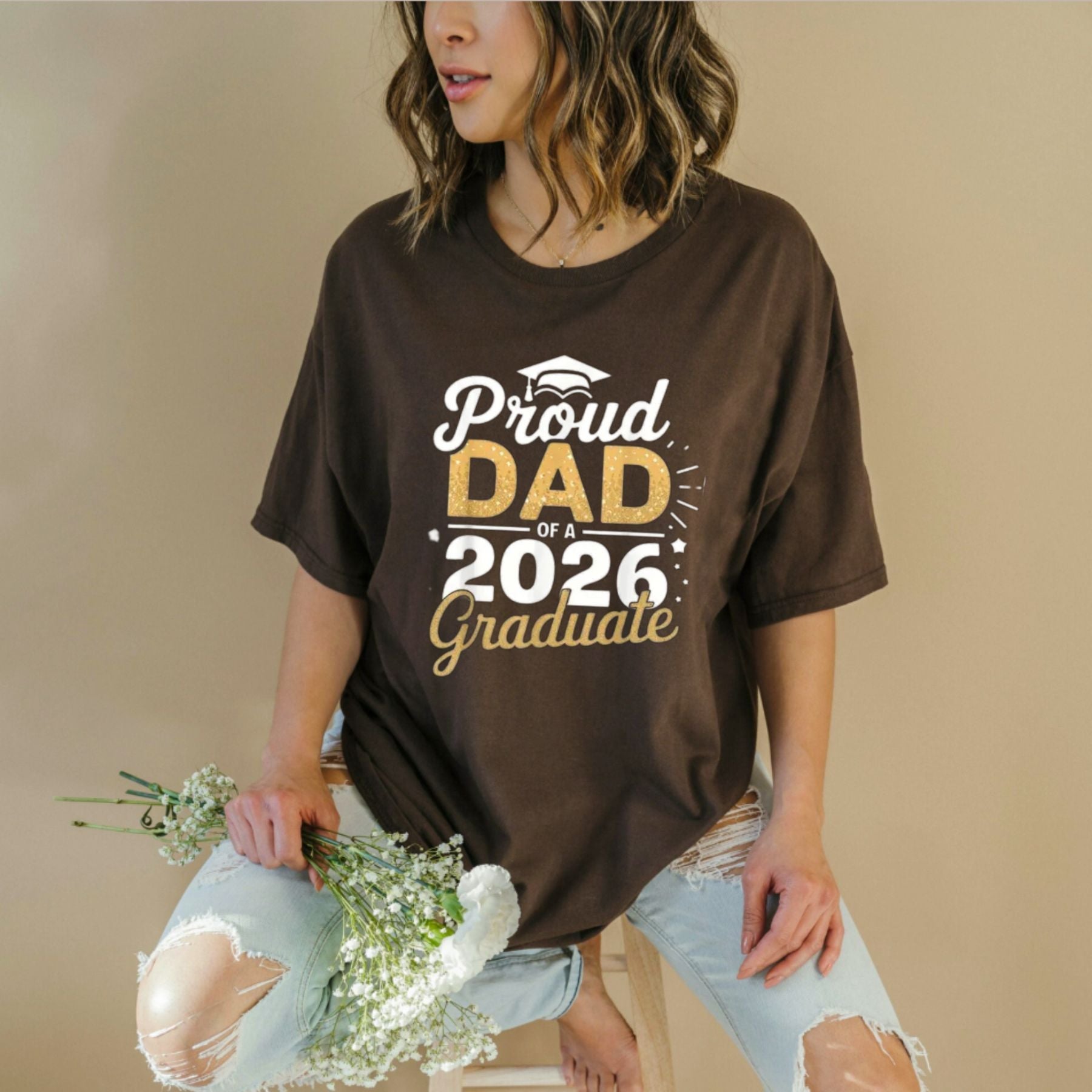 "Proud Dad Class of 2026" – Golden Lettering Graduation Graphic Top