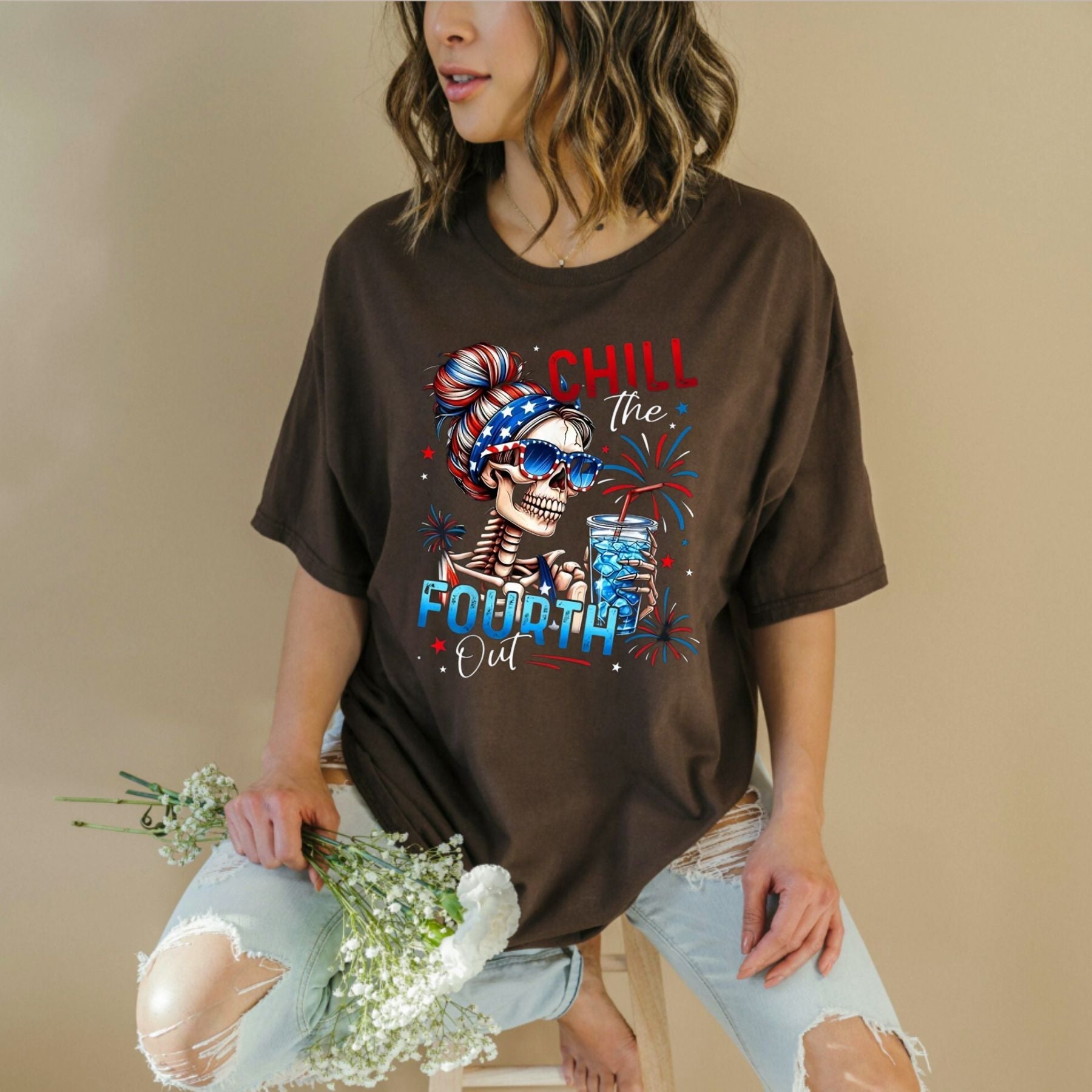 "Chill The Fourth Out" Skeleton T-Shirt – Funny 4th of July Patriotic Graphic Tee, Unisex Cotton Shirt