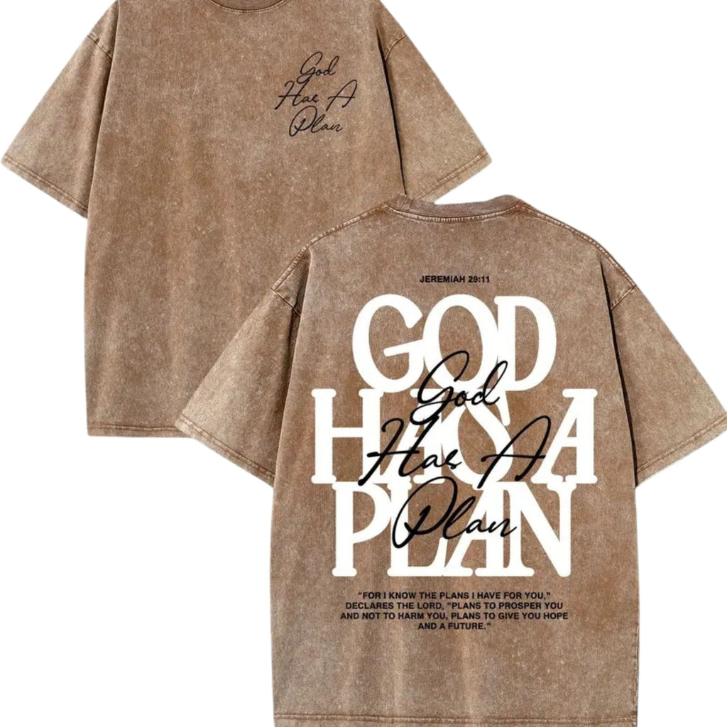 “God Has a Plan” Vintage Washed T-Shirt – 230gsm Heavyweight Double-Sided Christian Graphic Tee