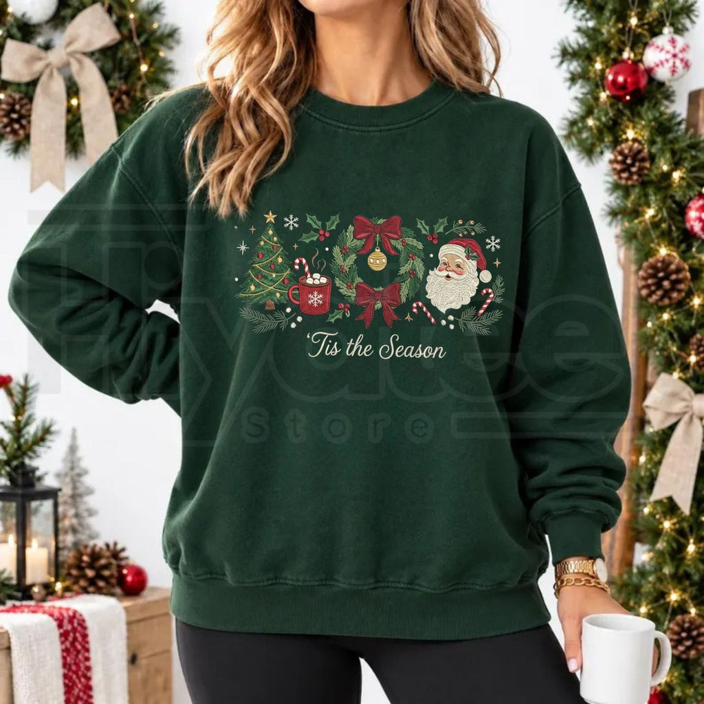 Christmas Gingham Sweatshirt – 'Tis the Season Embroidered Santa Wreath Tree Crewneck, Cozy Holiday Festive Pullover