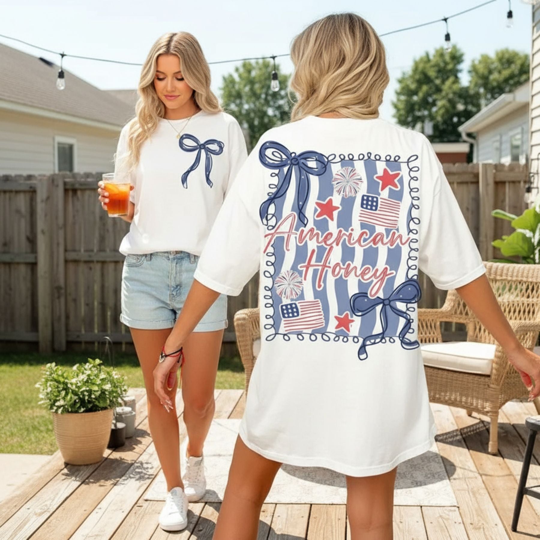 "American Honey" Coquette 4th Of July T-Shirt – Girly Vintage USA Graphic Tee, Premium 100% Cotton Independence Day Top, Made in USA