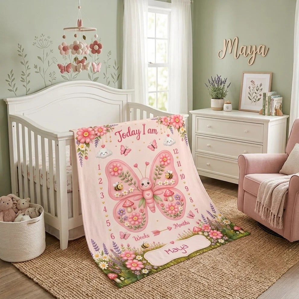 Personalized Baby Weekly & Monthly Milestone Blanket – Photoshoot Prop with Butterfly Garden Design