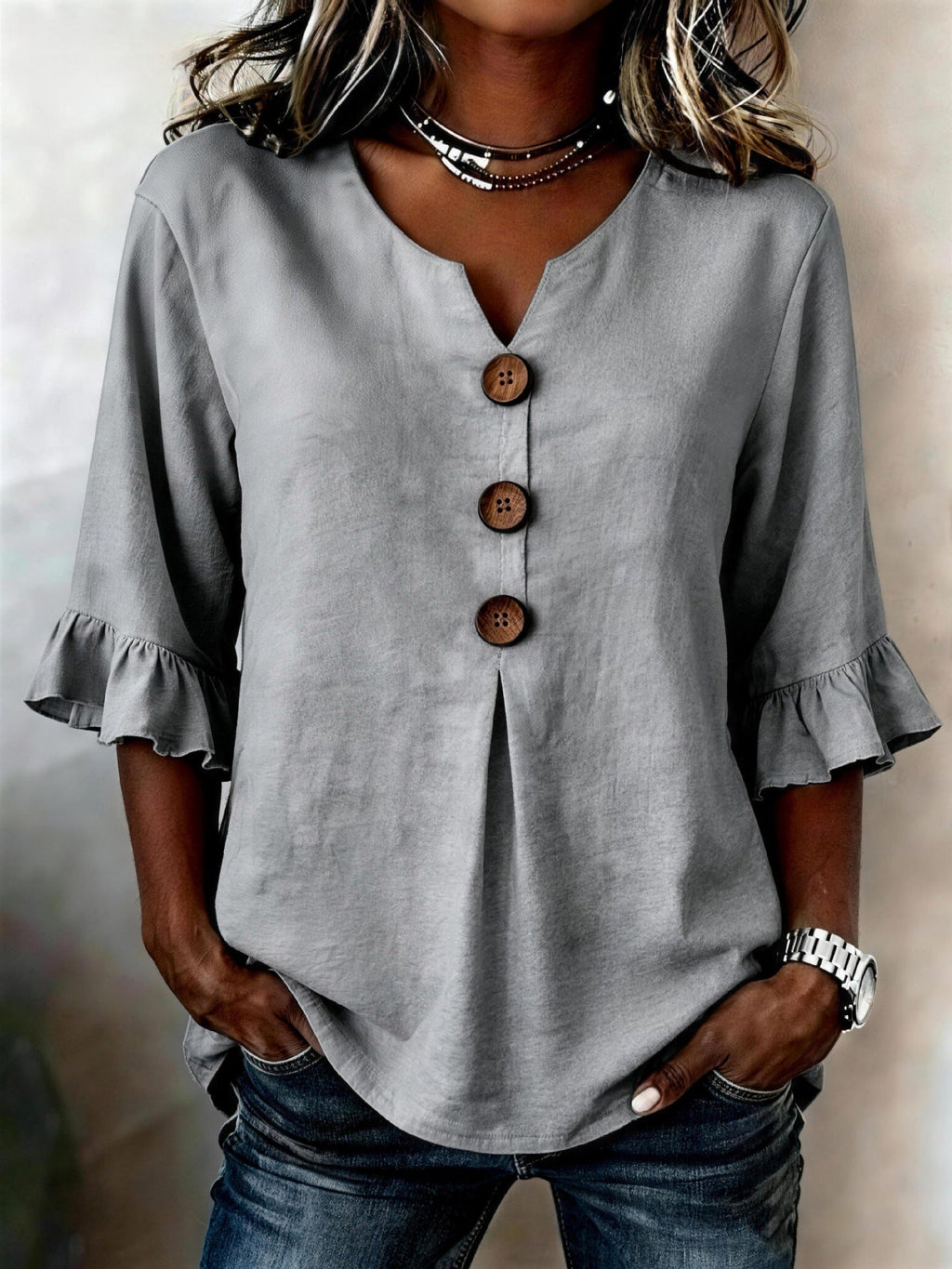 2026 Summer Women's V Neck Cotton Linen Button Up Shirt Solid Color Button Design  Short Sleeve