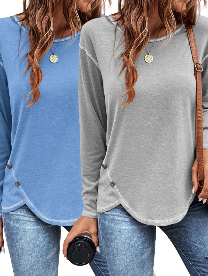 Europe And America New Women's Solid Button Irregular Edge T-shirt