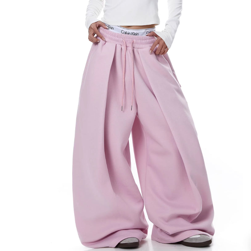 Embroidered Pleated Drawstring Sweatpants For Women Loose Straight Fit