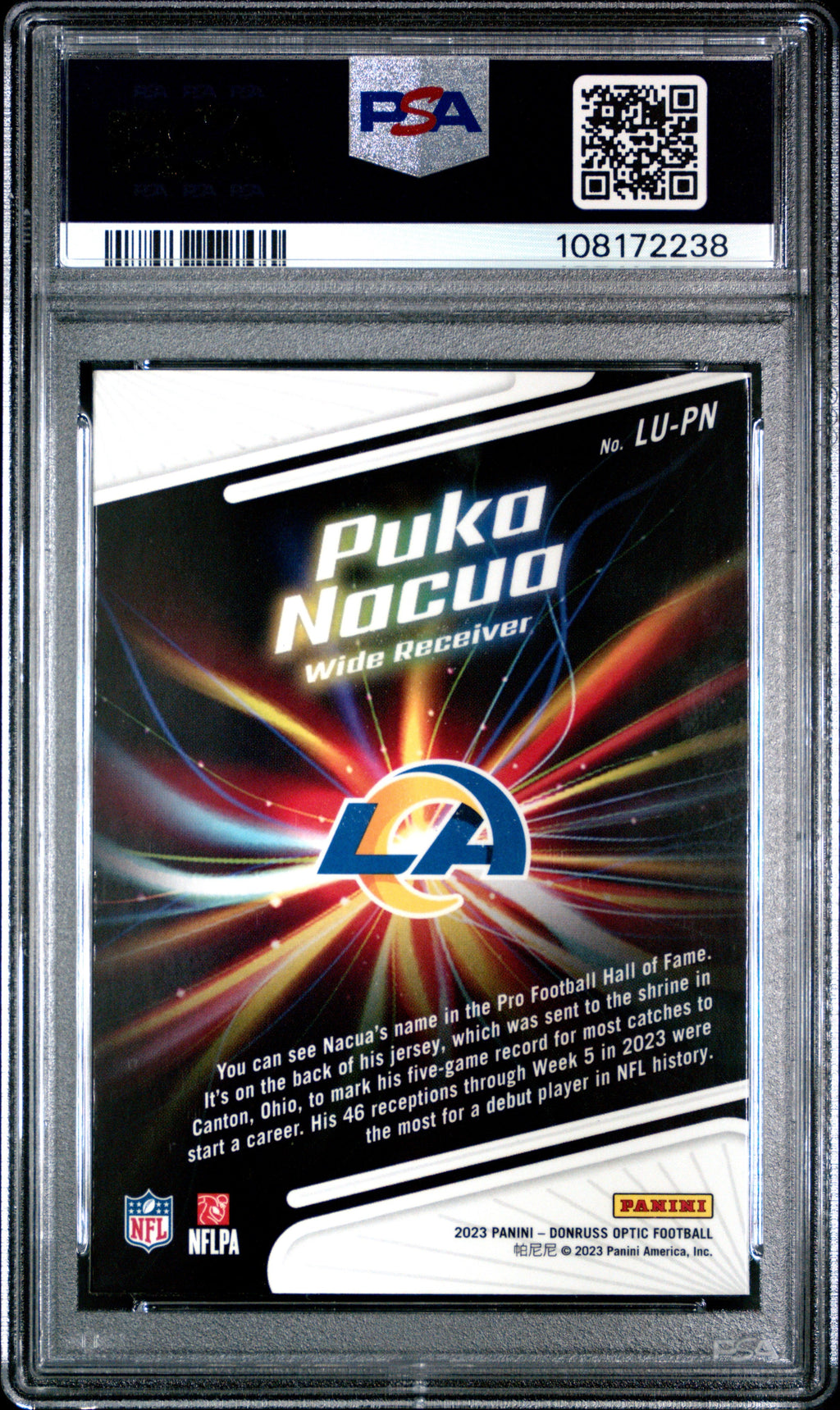 Graded 2023 Panini Donruss Optic Puka Nacua #LUPN Light It Up Rookie RC Football Card PSA 10 Gem Mint