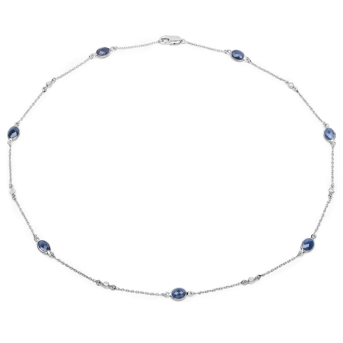 6.43 Carat Genuine Blue Sapphire and White Diamond .925 Sterling Silver Necklace