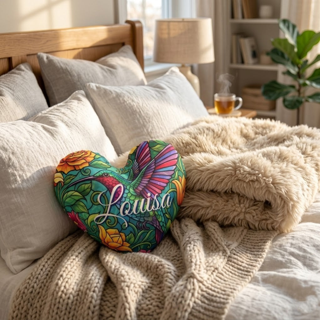 Personalized Hummingbird Heart Pillow | Custom Name Gift | Plush PP cotton filling