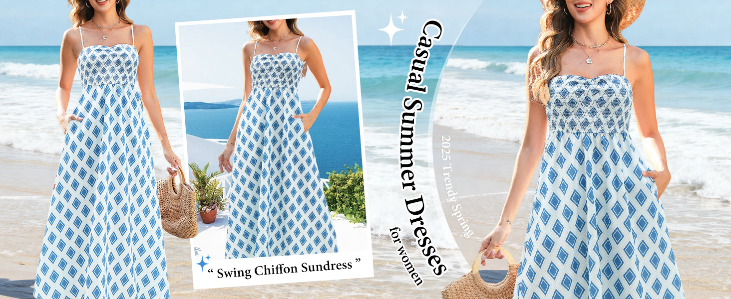 Gardenwed Women's Floral Print Maxi Dress Spaghetti Strap Blue Rhombic Size L