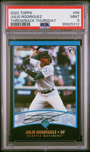Graded 2022 Topps Julio Rodriguez #56 Throwback Thursday Rookie RC Baseball Card PSA 9 Mint