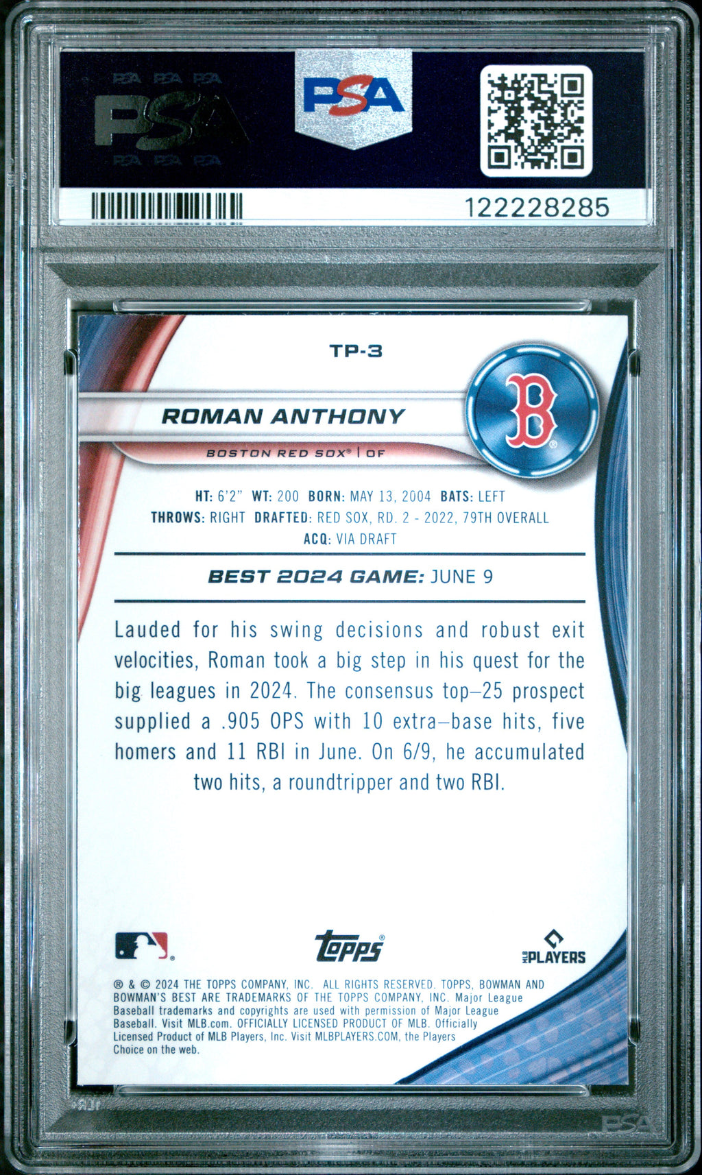 Graded 2024 Topps Bowmans Best Roman Anthony #TP3 Top Prospects Rookie RC Baseball Card PSA 9 Mint