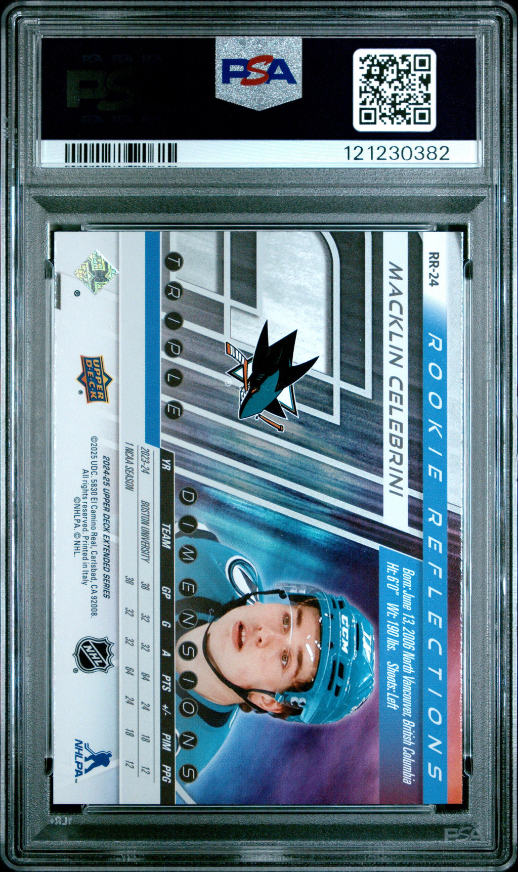 Graded 2024 Upper Deck Macklin Celebrini #RR24 Rookie Reflections Rookie RC Hockey Card PSA 10 Gem Mint