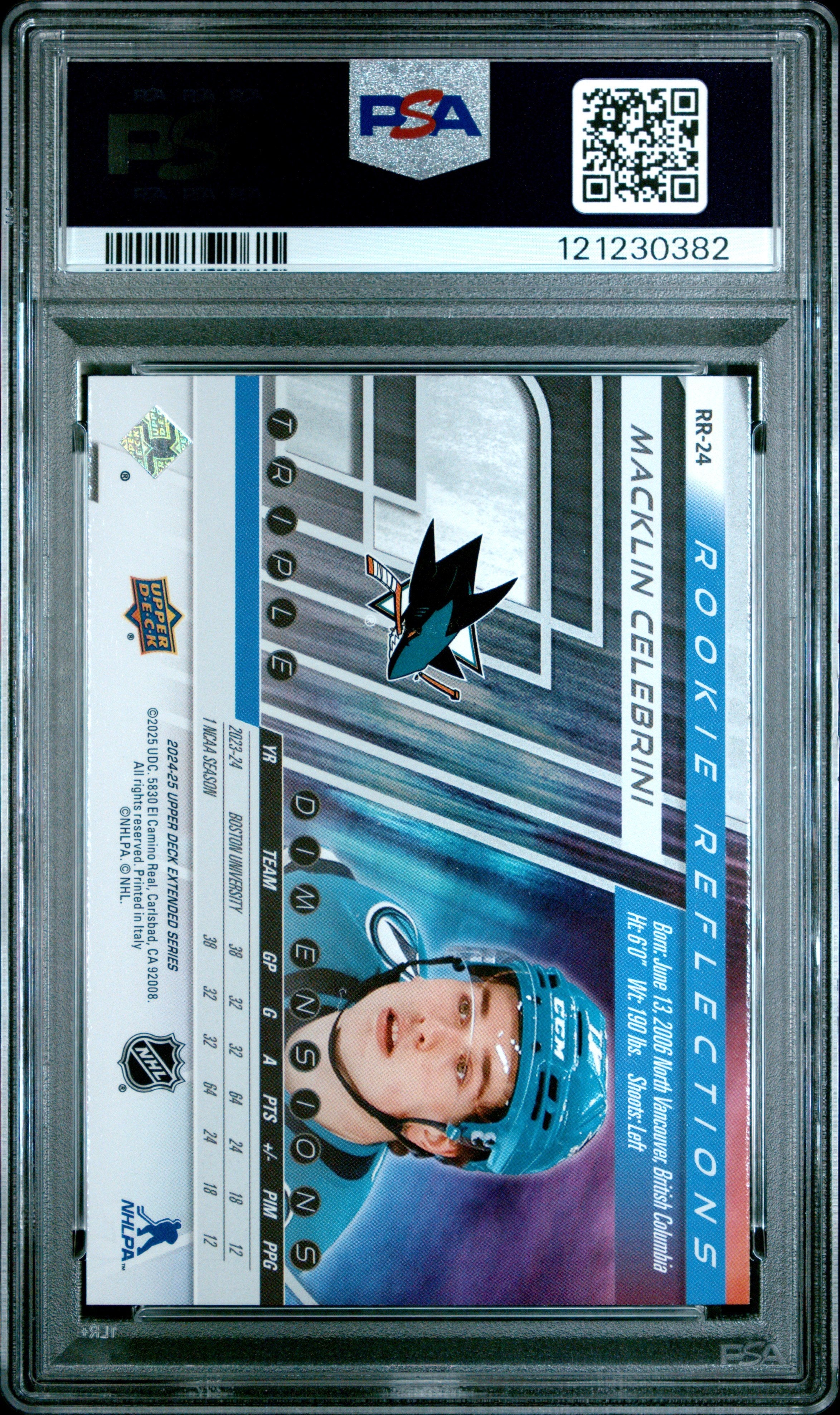 Graded 2024 Upper Deck Macklin Celebrini #RR24 Rookie Reflections Rookie RC Hockey Card PSA 10 Gem Mint