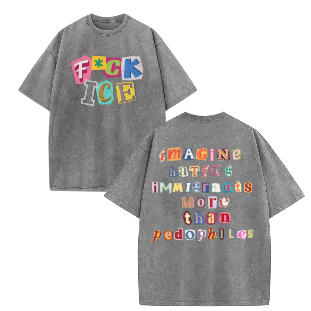 2-Sided "Anti ICE" Graphic Tee – Vintage Washed Magazine Letter Shirt