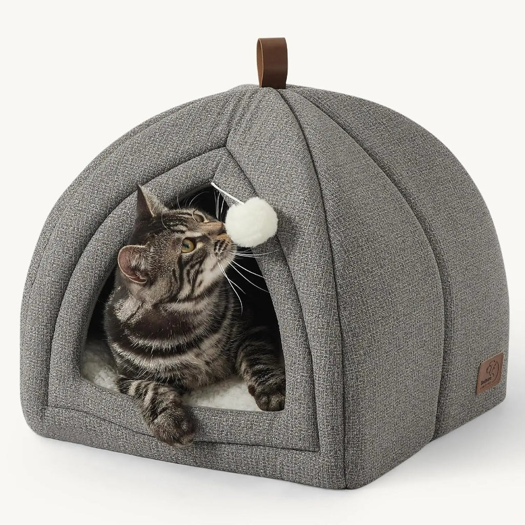 2-in-1 Cat Cave Bed – Foldable Indoor Tent with Washable Cushion
