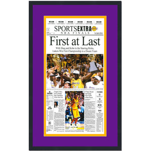 Framed Los Angeles LA Times Lakers First At Last 2000 NBA Finals Champions 14x22 Basketball Newspaper Cover Photo Professionally Matted