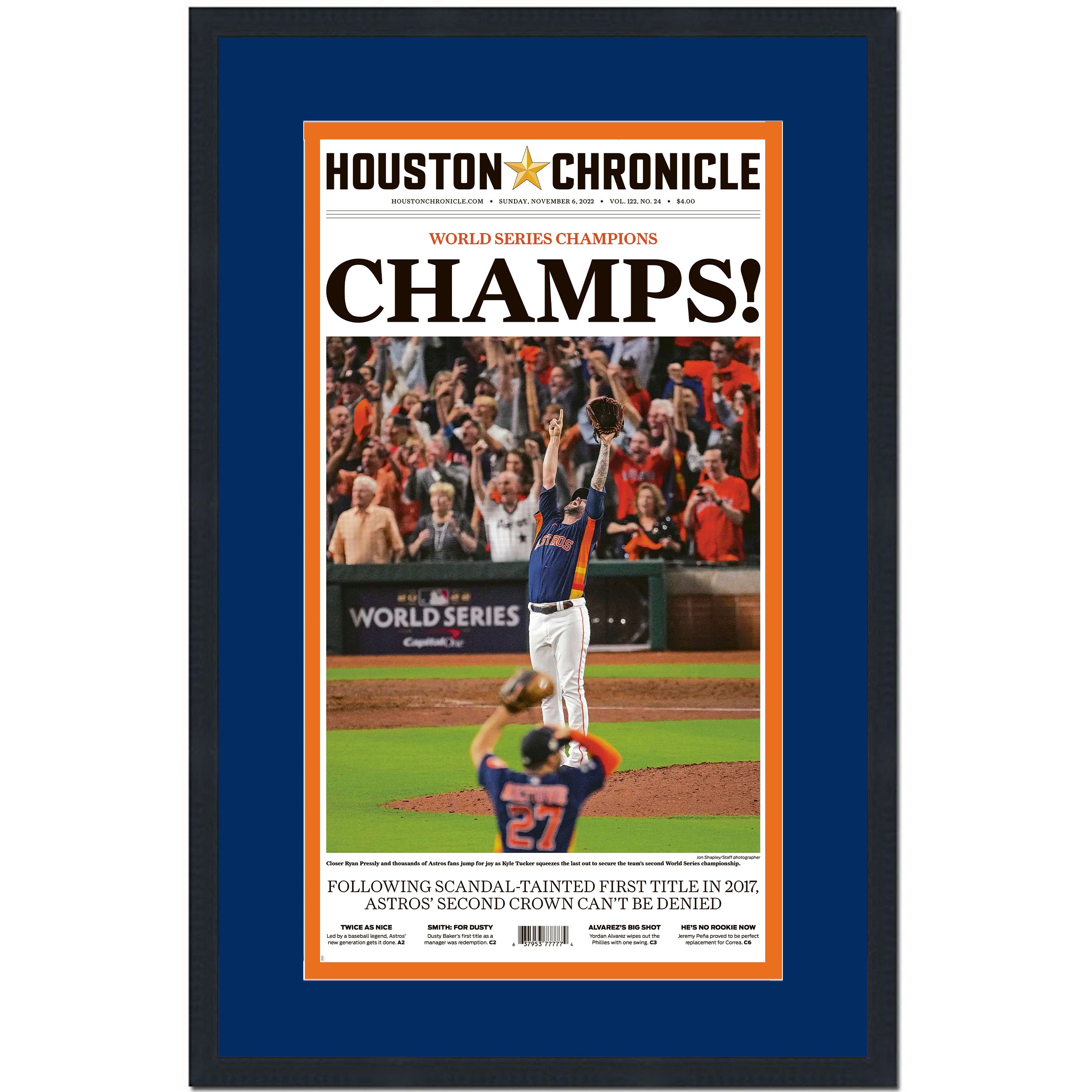 Framed Houston Chronicle Astros Champs! 2022 World Series Champions 17x27 Baseball Newspaper Cover Photo Professionally Matted V3