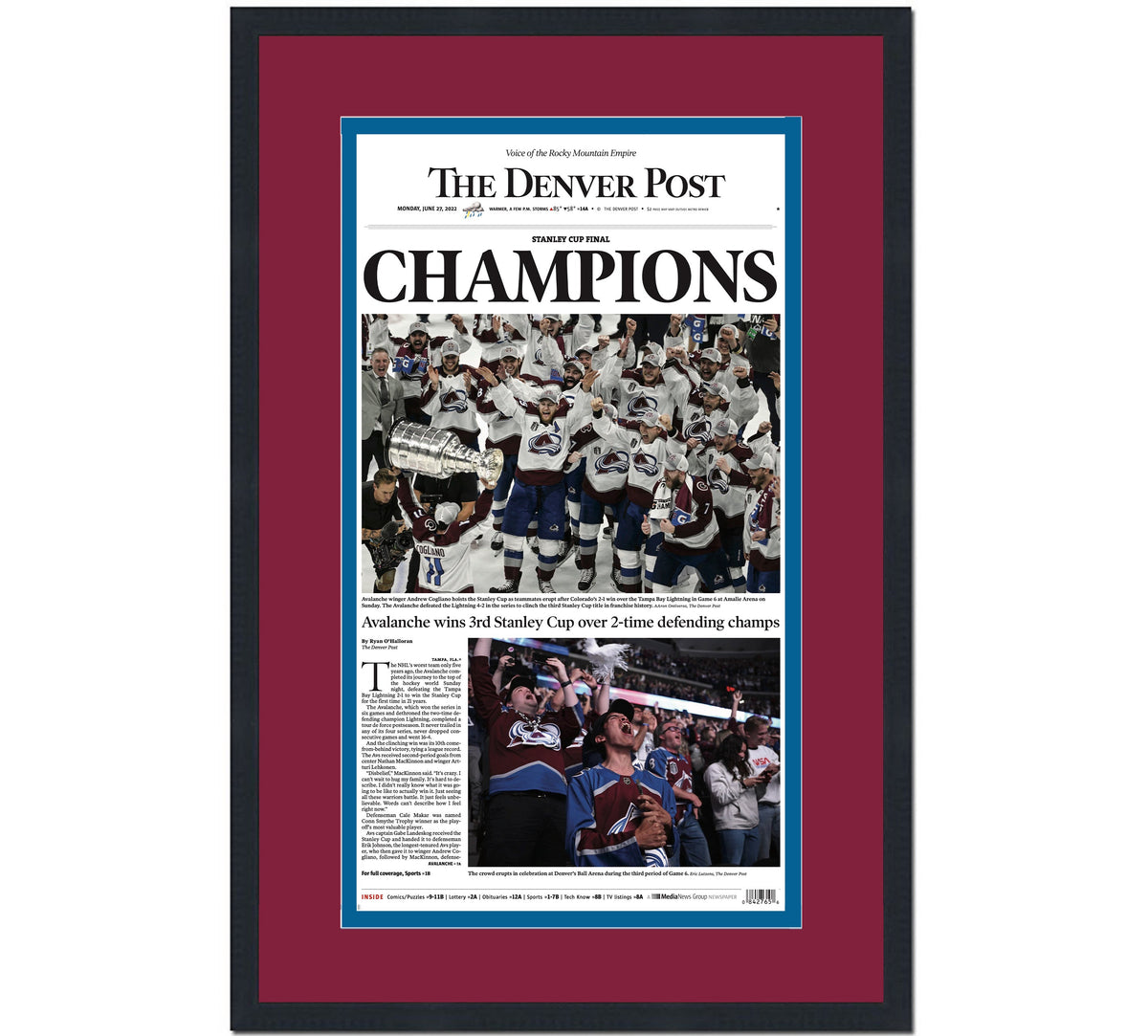 Framed Denver Post Colorado Avalanche 2022 Stanley Cup Champions 14x24 Hockey Newspaper Cover Photo Professionally Matted V1