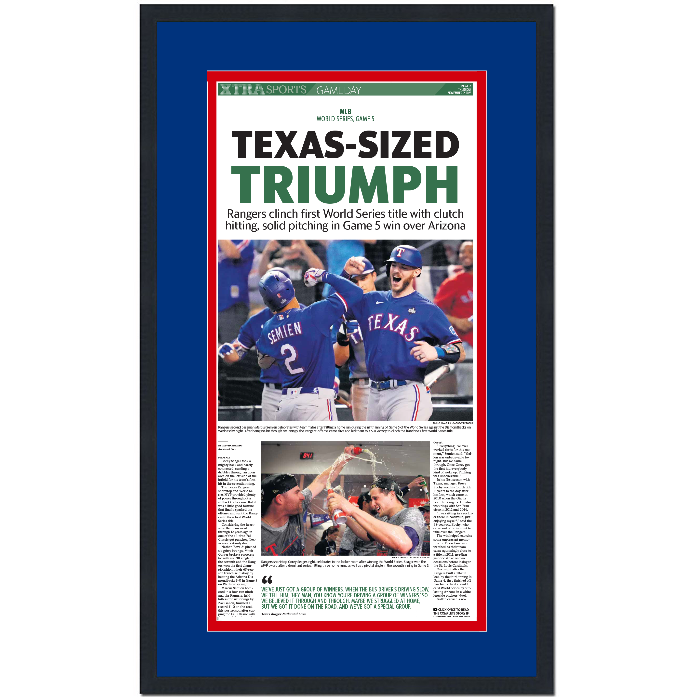 Framed Fort Worth Star-Telegram Texas Rangers Texas-Sized Triumph 2023 World Series Champions 14x24 Baseball Newspaper Cover Photo Professionally Matted V2