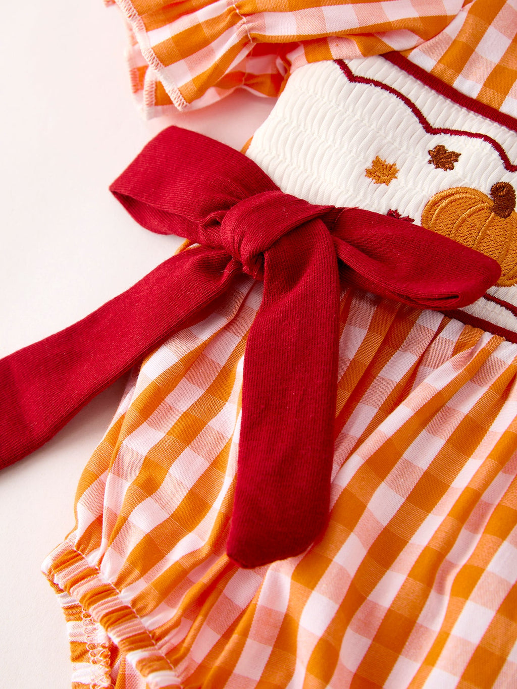 Turkey Fall Embroidered Romper for Baby Girls – Orange Checkered with Thanksgiving Details