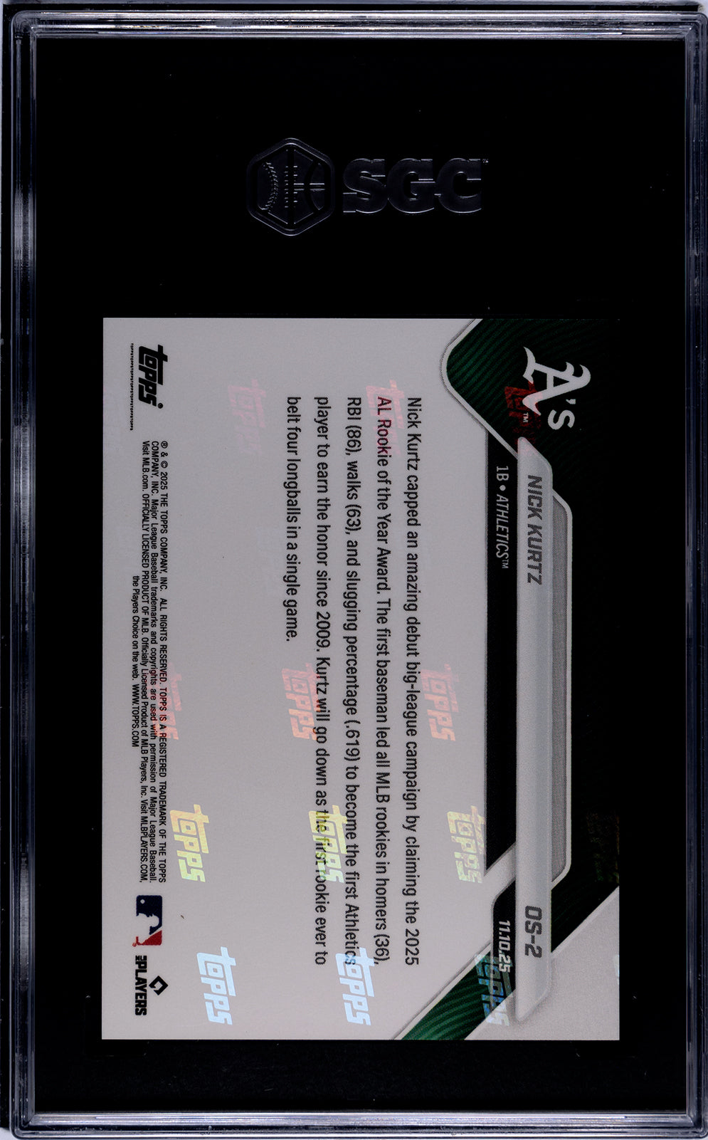 Graded 2025 Topps Now Nick Kurtz #OS2 Offseason Rookie RC Baseball Card SGC 9.5 Mint+