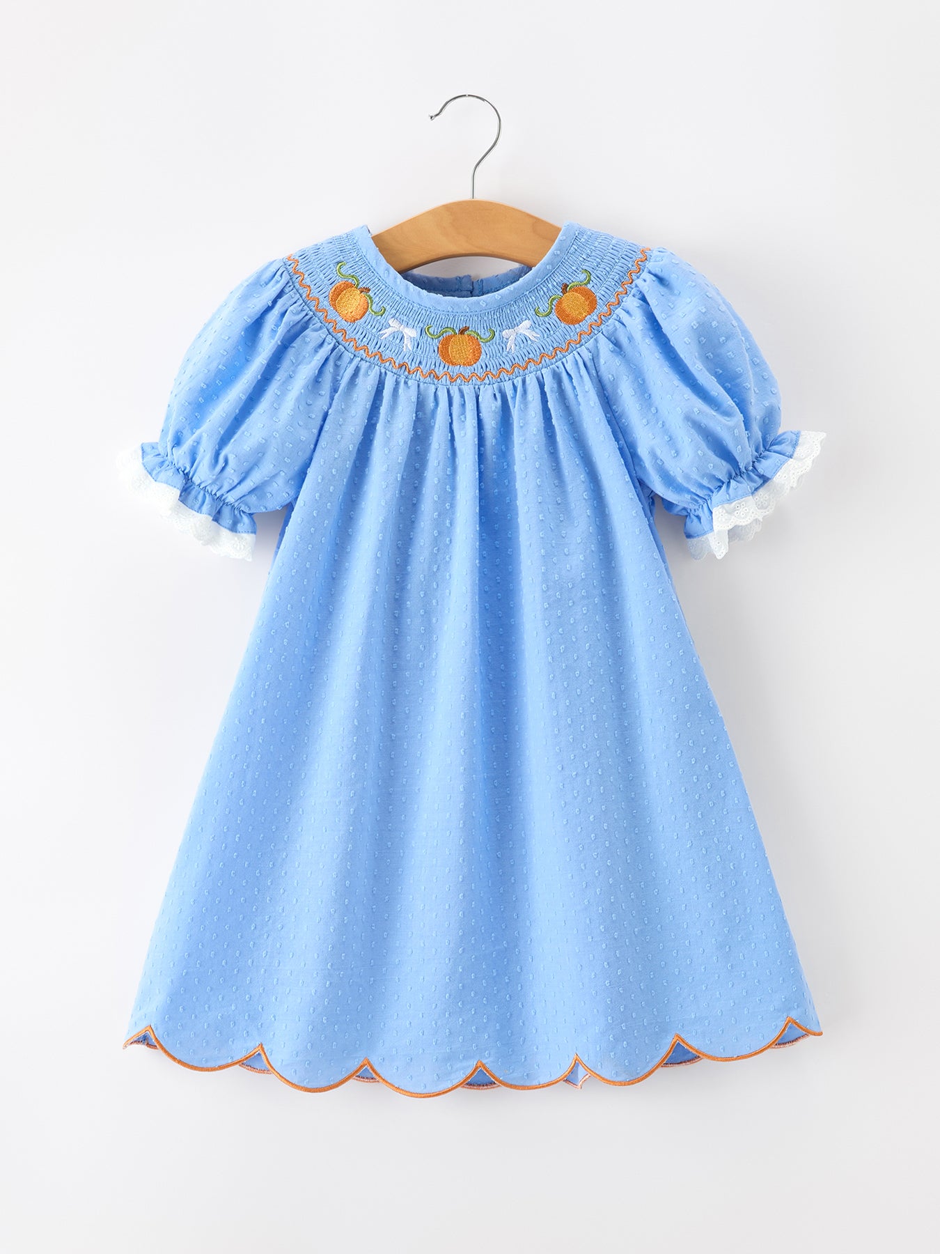 Blue Fall Thanksgiving&Halloween Pumpkin Smock Embroidery Lace Baby Girl Dress