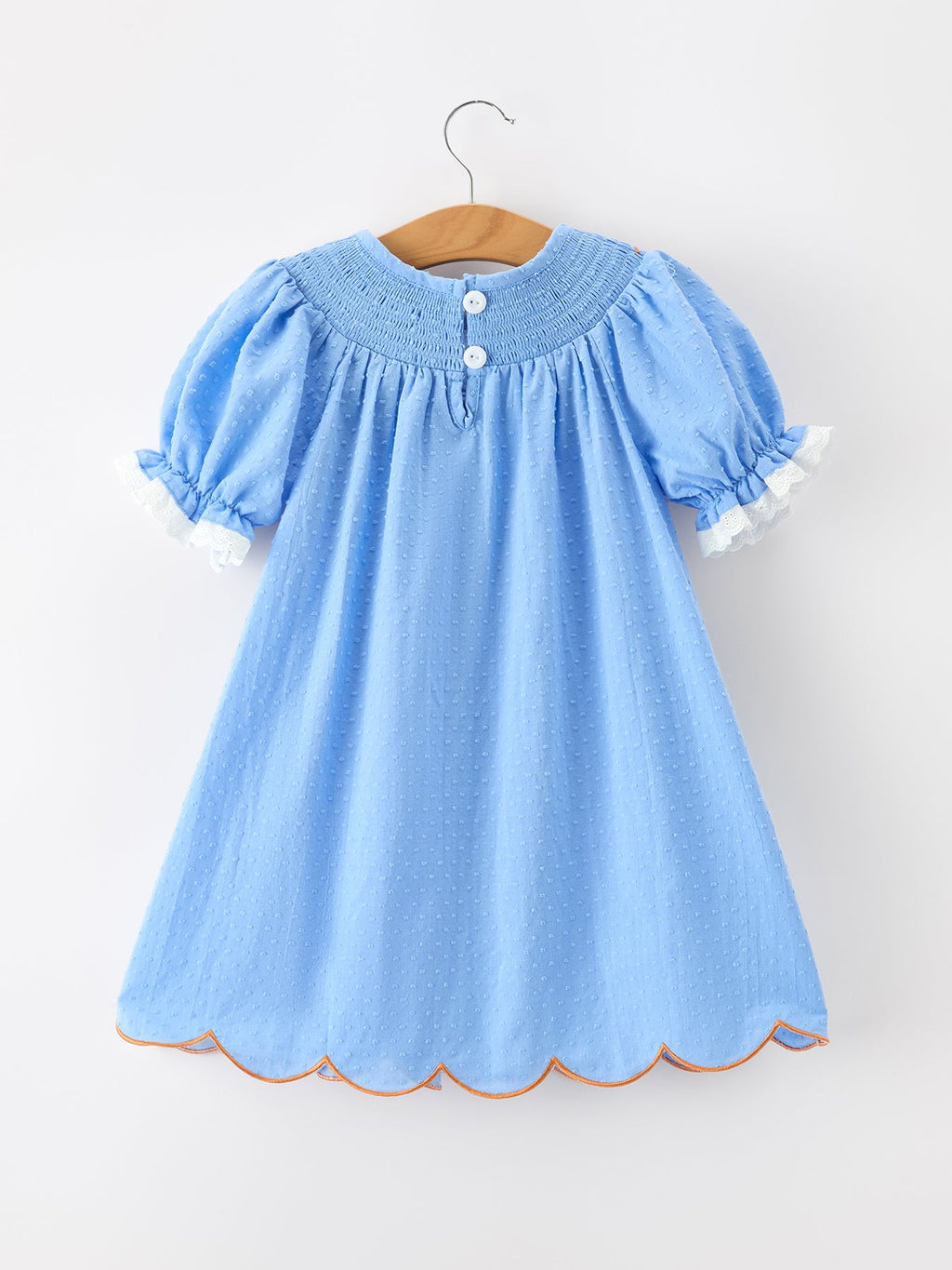 Blue Fall Thanksgiving&Halloween Pumpkin Smock Embroidery Lace Baby Girl Dress