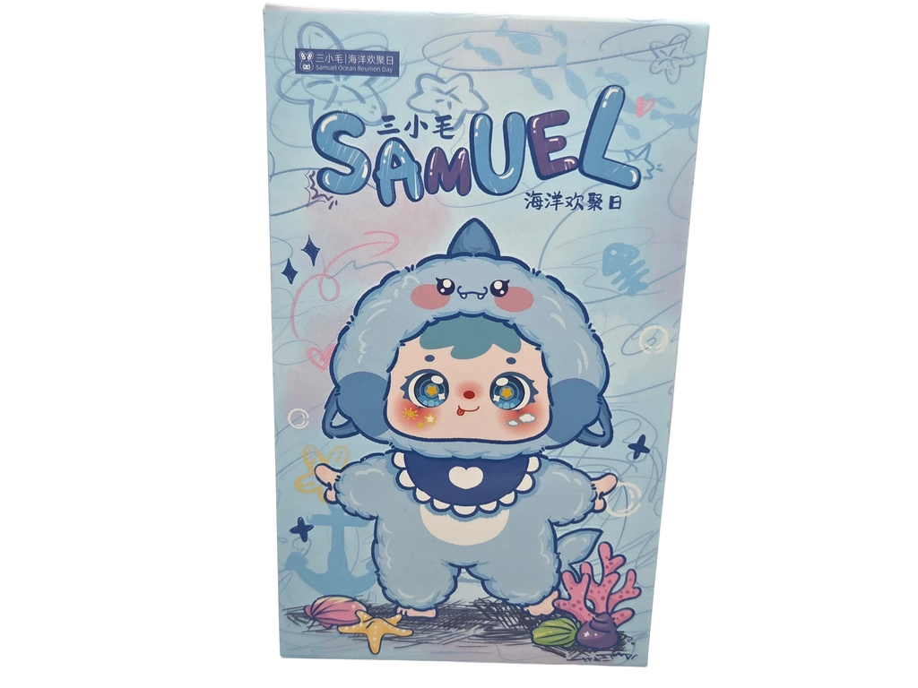 Cartoon character packaging with 'Samuel' on a blue background
