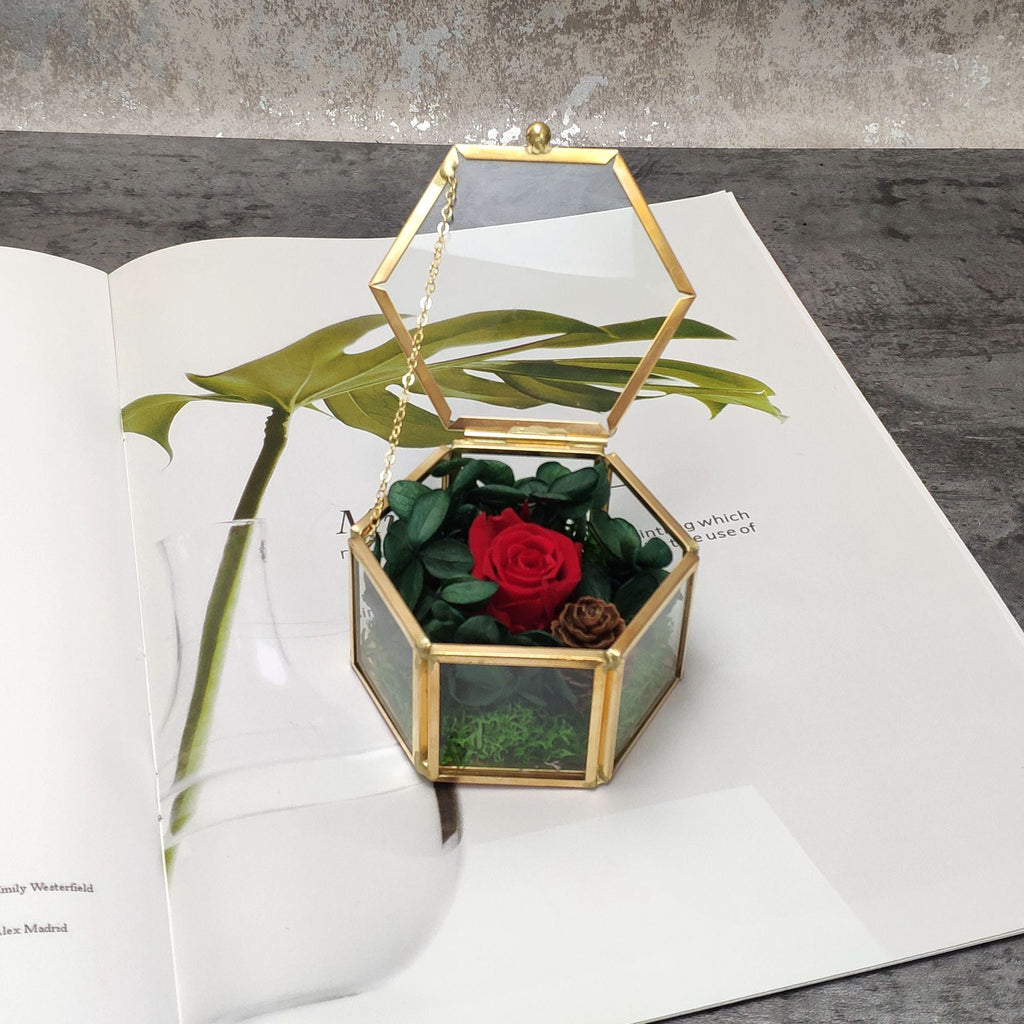 Mini Gold Eternal Flower Hexagon  Glass Jewellery Ring Box