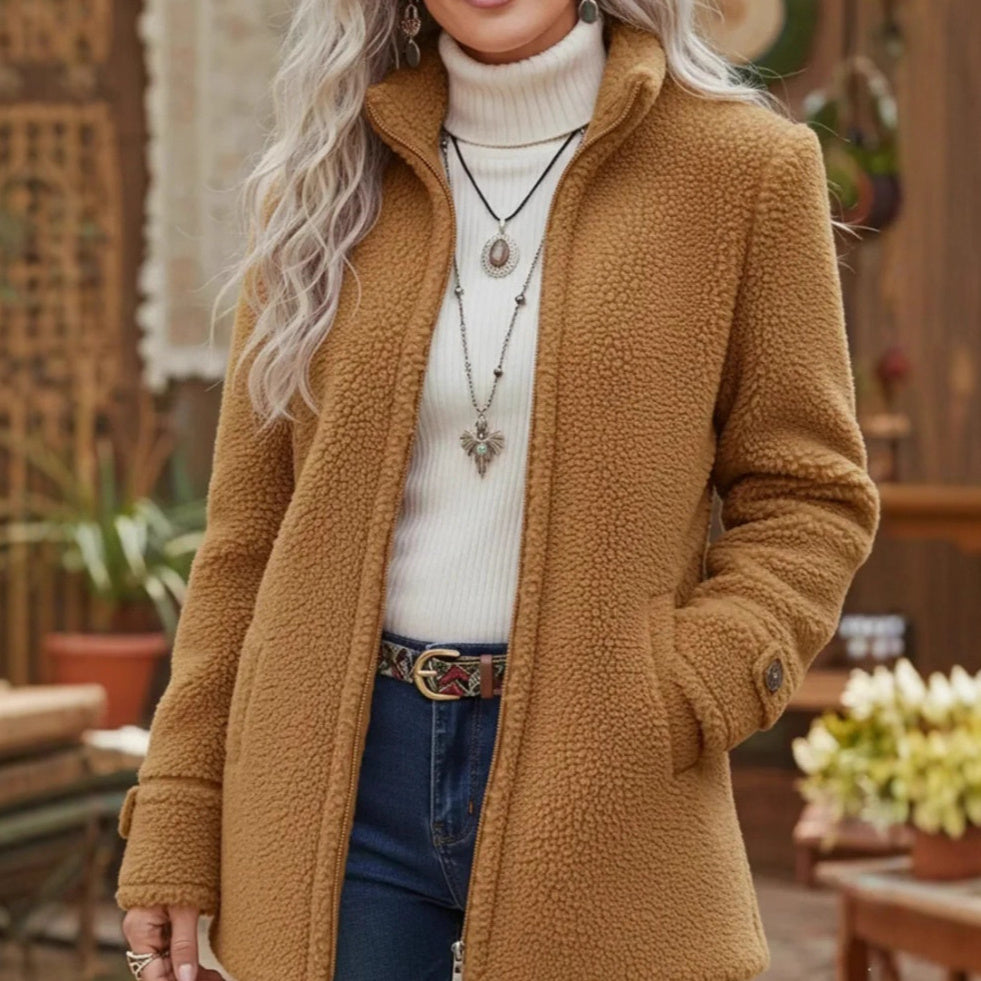 Fleece Zip-Up Jacket Women's Stand Collar Solid Color Loose Fit Casual Long Sleeve Outerwear Clothing