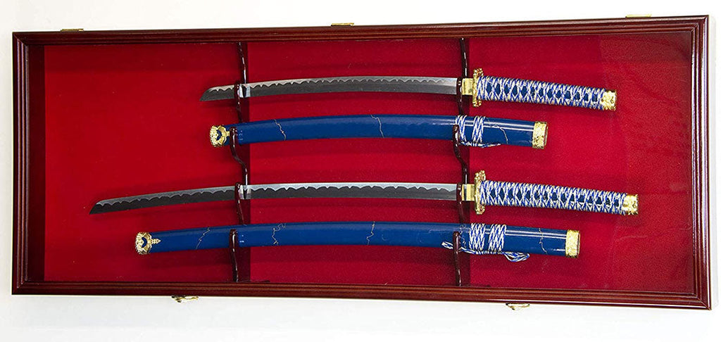 2 Sword Display Case Cabinet Stand Holder Wall Rack Box - Cherry Lockable w/ 98% UV Protection