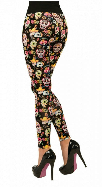 Day Of The Dead Leggings with Colorful Sugar Skull Design Print