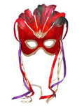 Red Venetian Karneval Mardi Gras Mask with Feathers and Ribbons