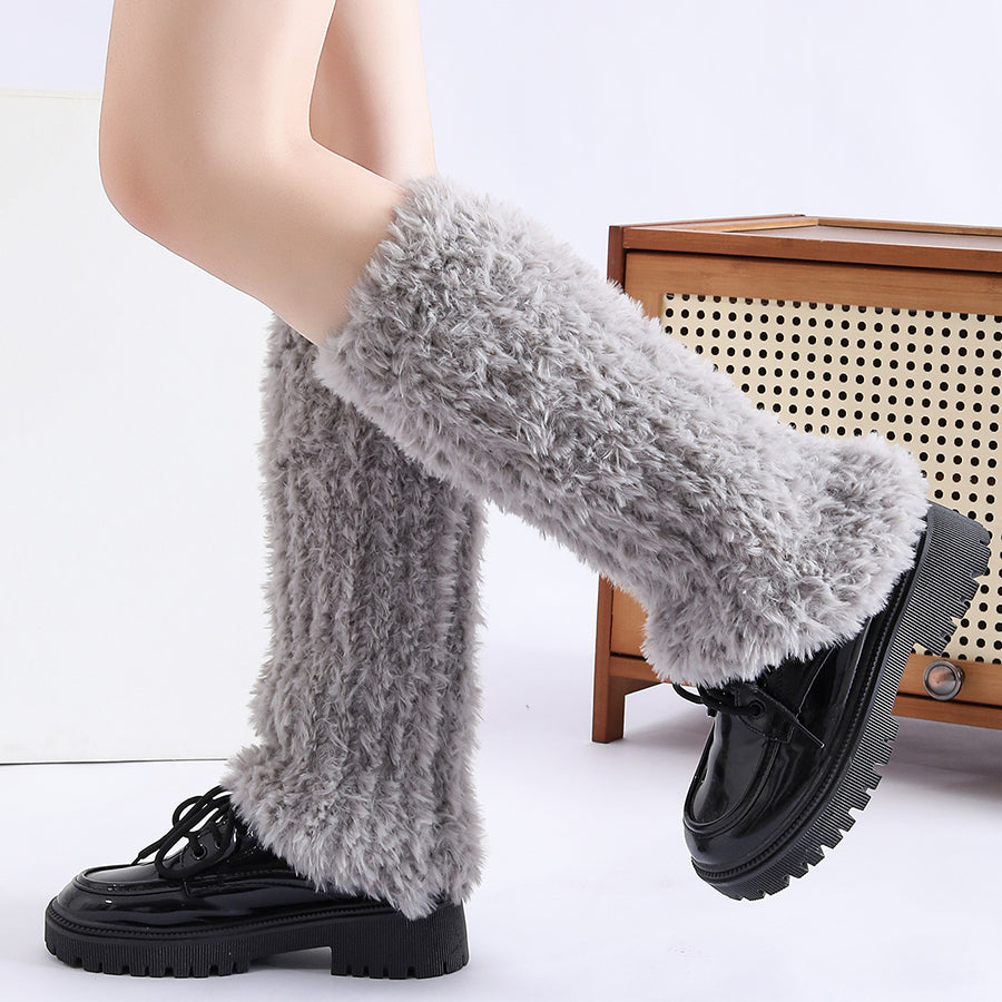 Autumn Winter Solid Knitted Fuzzy Sock Covers Women Thickened Warm Y2K Style Fleece-Lined Fluffy Fur Leg Warmers Calf Socks Pair