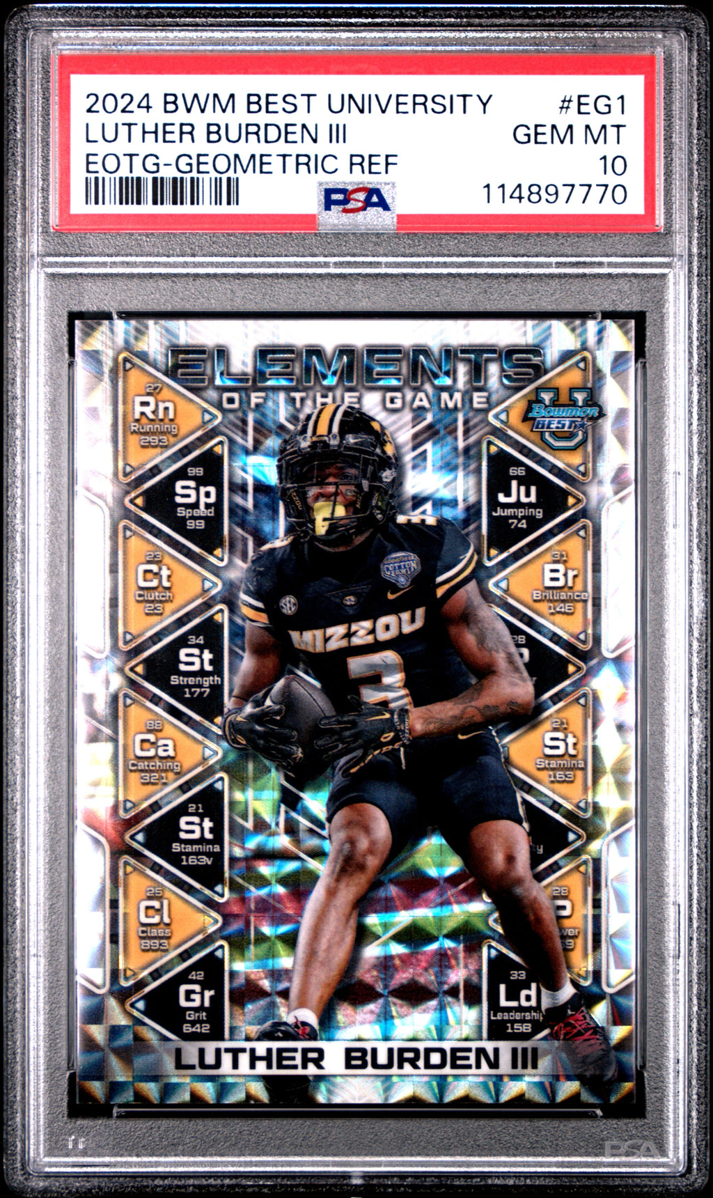 Graded 2024 Topps Bowman Best University Luther Burden III #EG1 Elements of the Game Geometric Refractor Rookie RC Football Card PSA 10 Gem Mint