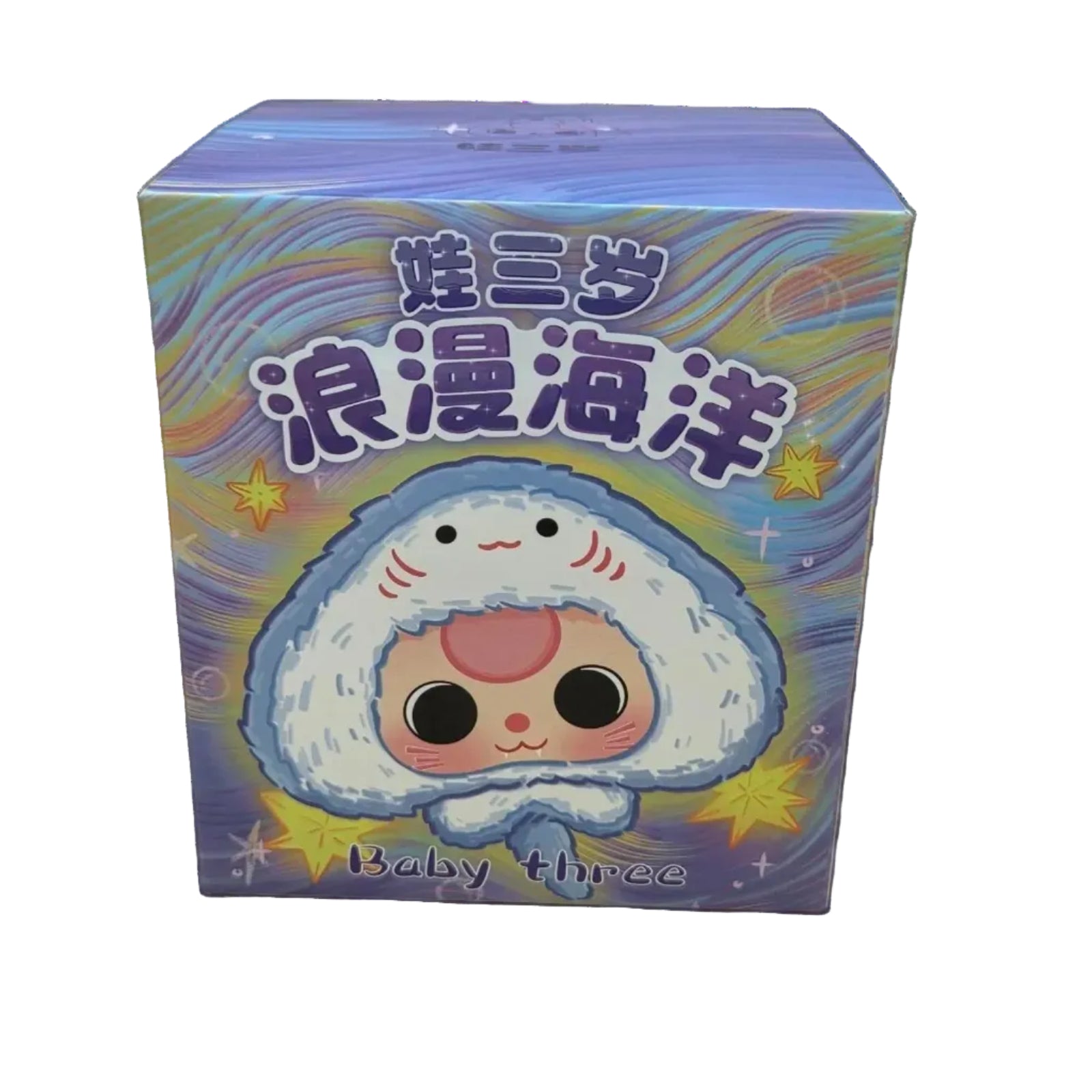 Product packaging with cartoon character and colorful design on a beige background