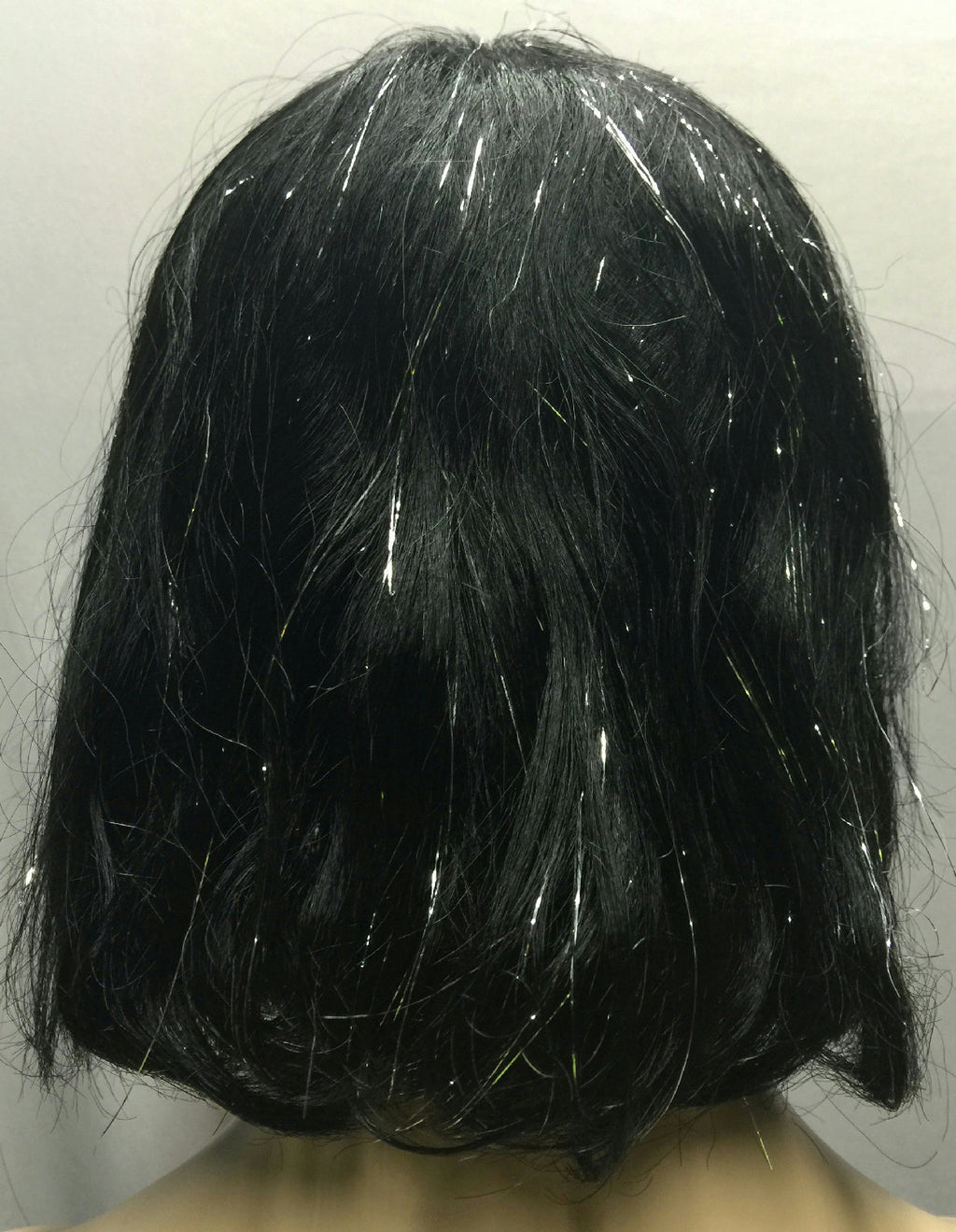 Black Silver Tinsel Bob Wig With Bangs Sparkle Cleopatra