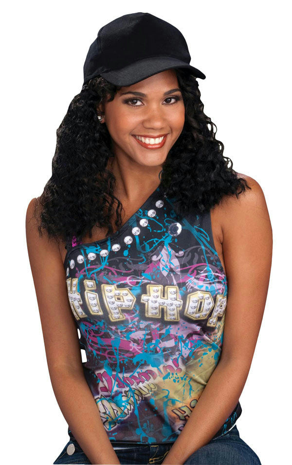 Hip Hop Girlfriend Hat with Attached Black Curly Wig