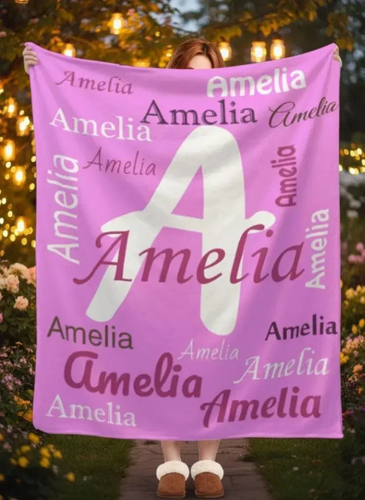 Your Letter and Name - Personalized Name Blanket: Pink & White Flannel Fleece Throw