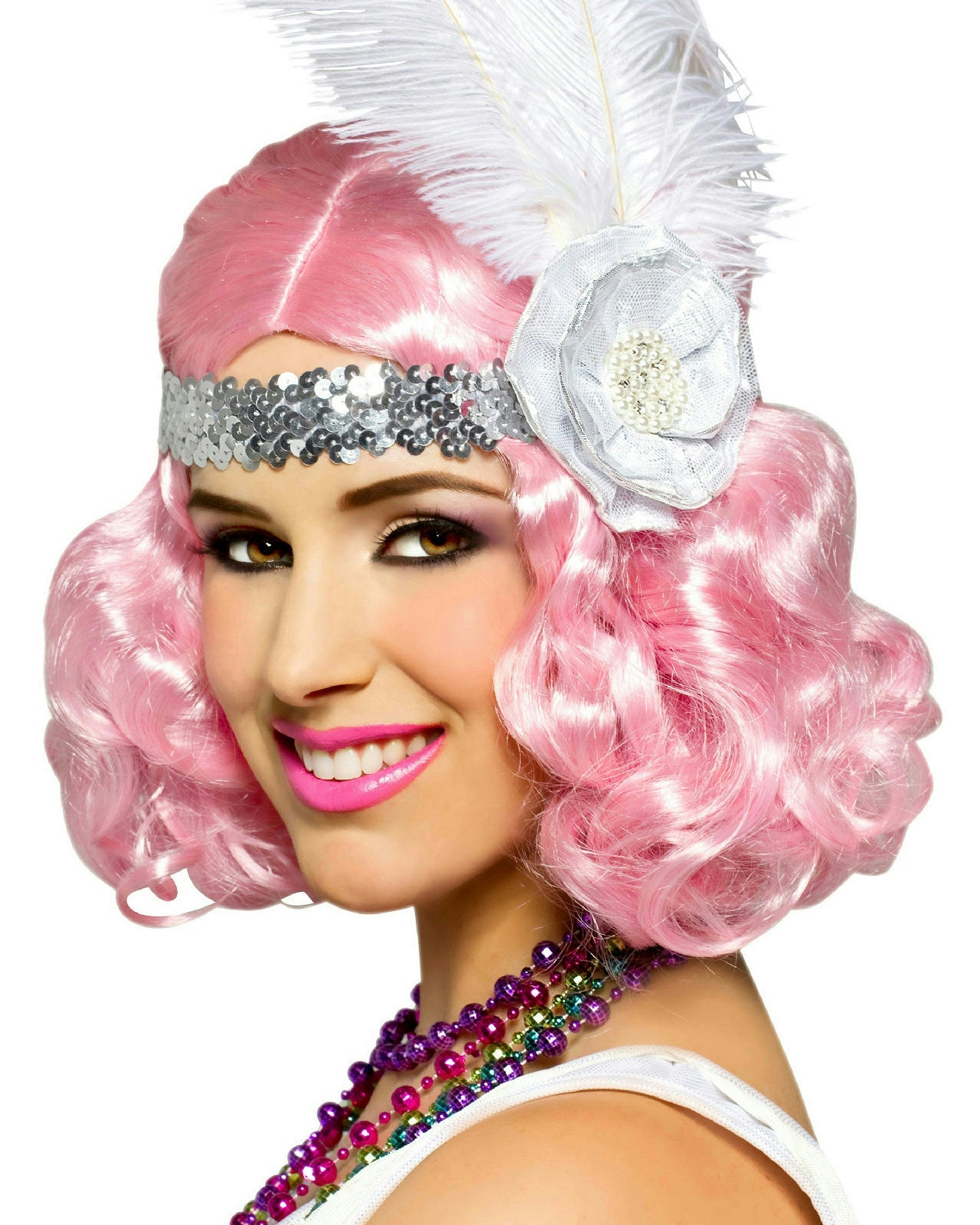 Party Icy Pastel Pink Short and Curly Flapper Adult Costume Wig