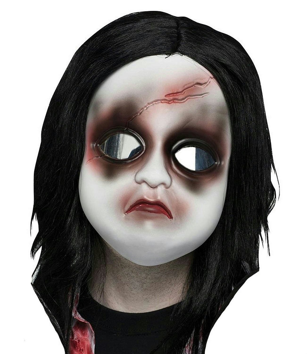White Doll Freaky Face Mask with Long Black Hair