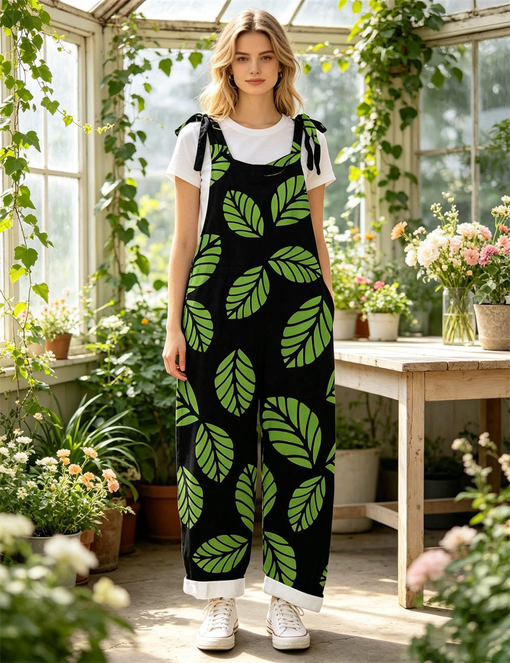 Vintage Large Flower Pattern Tie Shoulder Strap Women Overalls Loose Jumpsuit