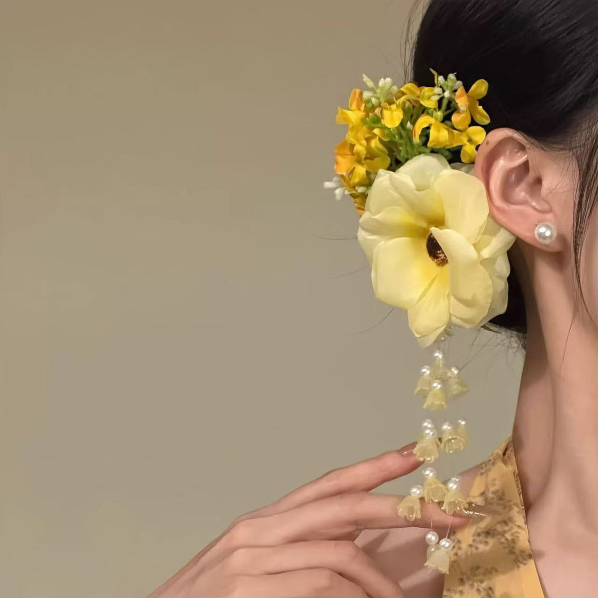 Super Fairy Pure Desire Yellow Atmosphere Pearl Linglan Tassel Side Clip Hair Accessories